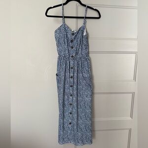 Blue Floral Button-Front Spaghetti Strap Dress